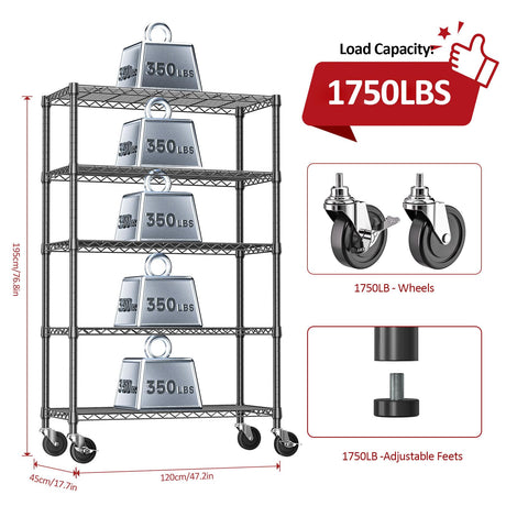 IZEUK 5-Tier Adjustable Heavy Duty Steel Wire Shelving Unit with Wheels, Storage Rack Organizer for Garage, Kitchen, Office, Laundry, Basement (Black, 17.7" D x 47.2" W x 76.7" H, 1750 lbs Capacity) IZEUK