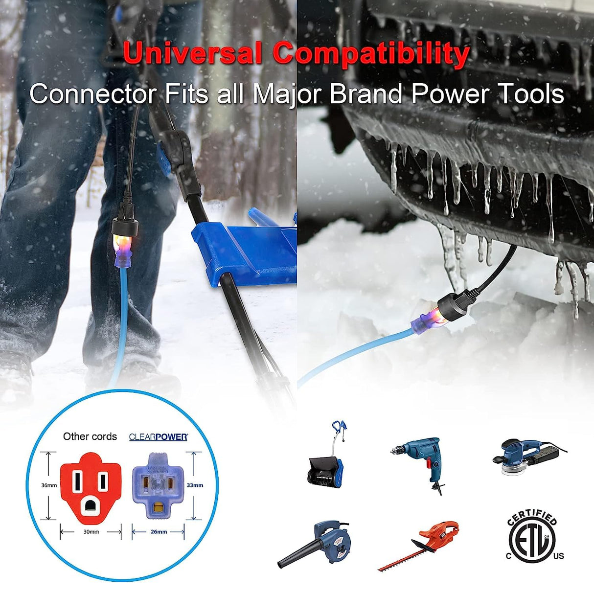 Clear Power 100 ft 14/3 SJTW -50°C Extreme Cold Weather Outdoor Indoor Extension Cord, Blue, Grounded Plug and Lighted Connector, Ideal for Snow Blowers and Power Tools, DCOC-0078-DC Clear Power