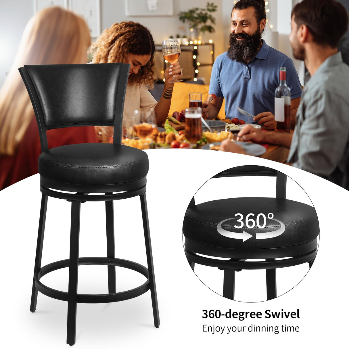 FLYZC Bar Stools, Counter Height Barstools Set of 2, 25" Faux Leather Metal Round Swivel Bar Chairs with Back, Modern Upholstered Counter Stools for Kitchen Island, Black FLYZC