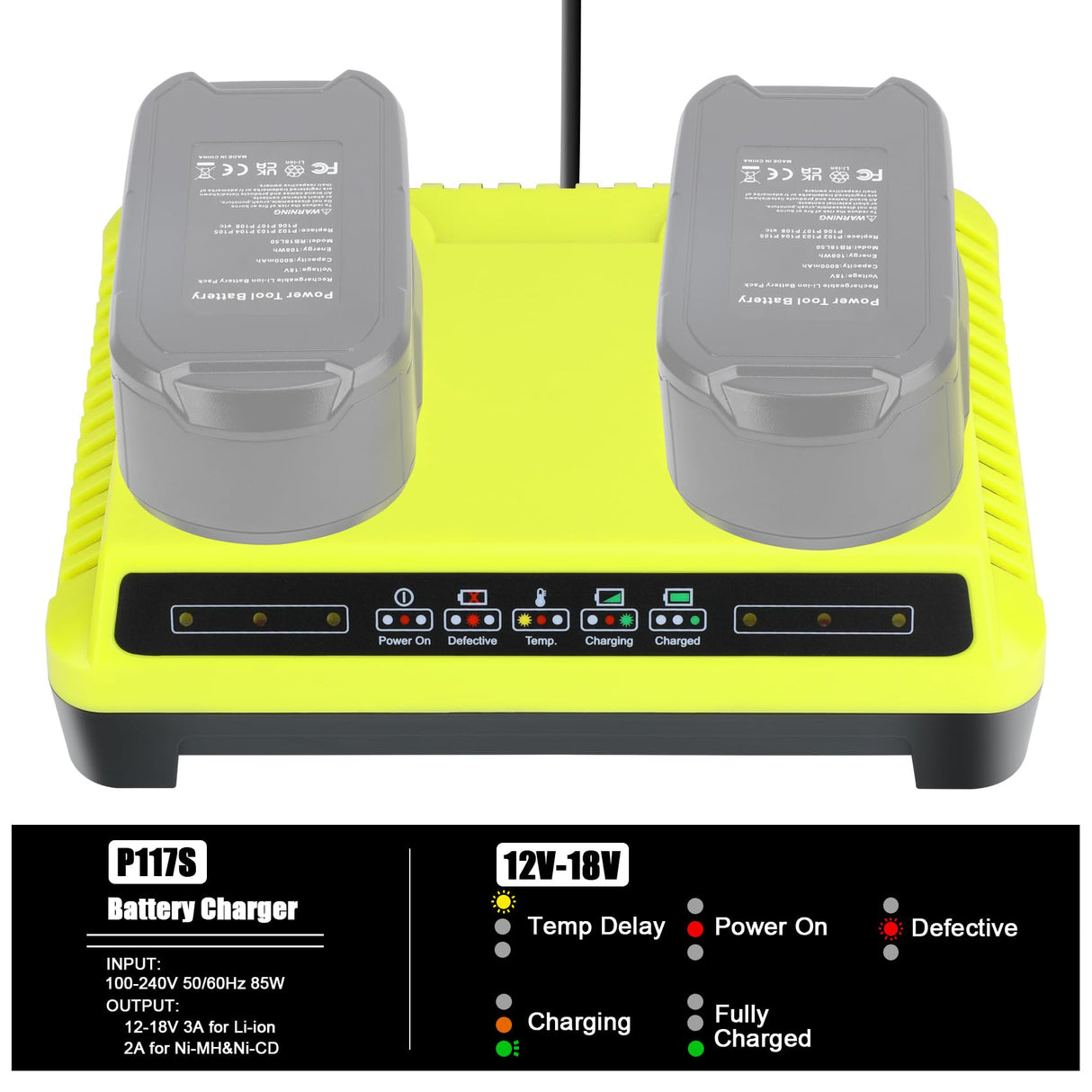 P117 Dual Slot 18V Battery Charger for Ryobi 18V Battery, Charger Replace for Ryobi Battery Charger P118, Compatible for Ryobi ONE+ Lithium NiCd NiMh Batteries Leisuda