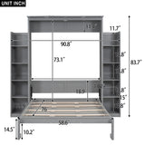 Merax Full Size Murphy Bed, Wooden Full Wall Bed with Shelves and LED Lights, Gray Merax