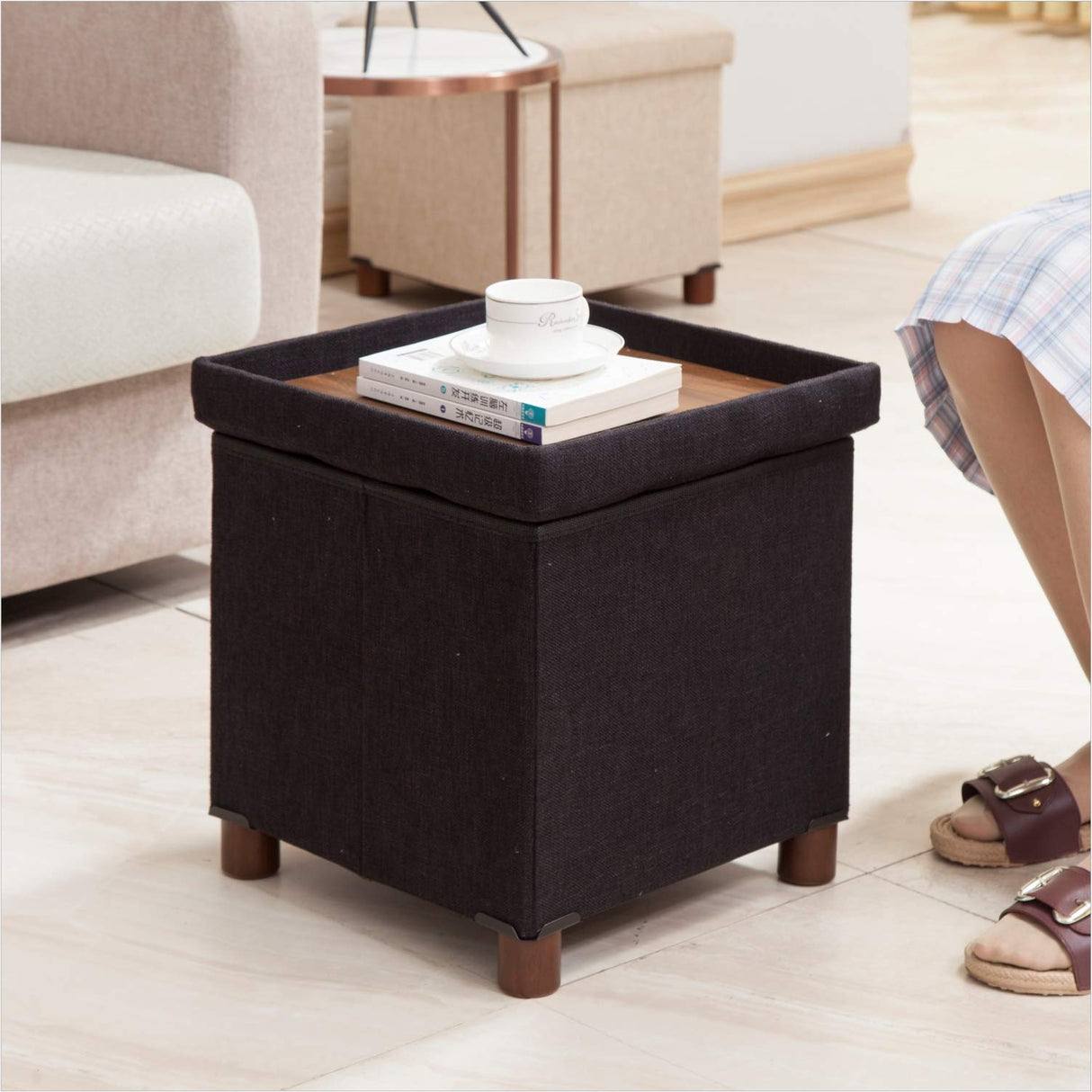 15 Inches Storage Ottoman with Wooden Legs Cube Foot Rest Stool, Square Footstool Storage, Ottoman with Storage for Living Room, Foldable Fabric Ottoman, Comfortable Seat with Lid, Space-Saving Black Ao Lei