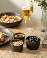 Tikooere Ramekins 6 oz, Oven Safe Soufflé Dishes for Creme Brulee, Souffle, Pudding, Lava Cake, Stoneware Custard Cups for Baking, Ceramic Sauce Bowls Set of 6, Kitchen Decor Gift, Matte Black Tikooere