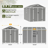 UDPATIO Storage Shed 8 x 10 FT, Resin Outdoor Garden Sheds with Floor Plastic Patio Outdoor Storage with Lockable Door for Tool, Bike, Garbage Gray White UDPATIO