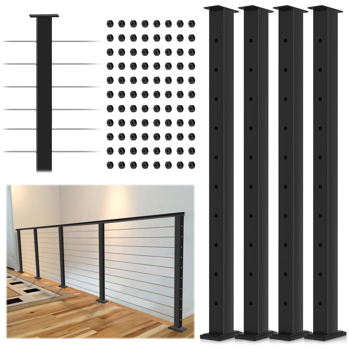 Gyykzz 4 Pack Cable Railing Post 36Inch, Level Drilled Railing Post with Flat Design Silicon Rings, Stainless Steel Horizontal Hole Deck Wire Railing Posts, Black Flat Top Metal Post (No Handrail) Gyykzz