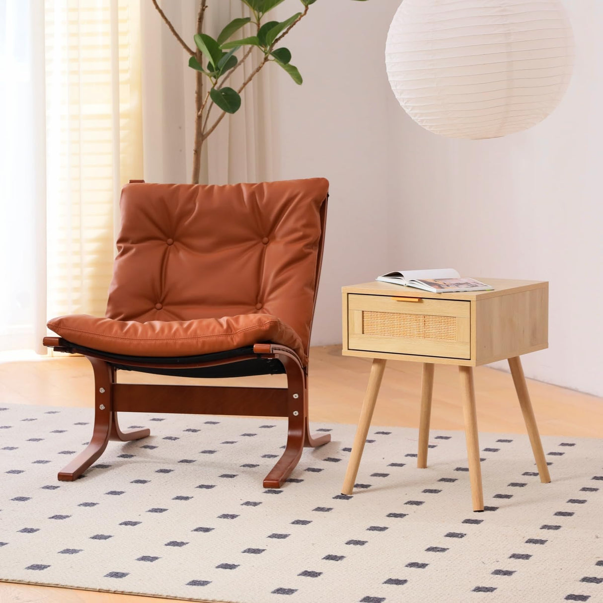 FUQARHY Rattan Nightstand Set of 2, Boho Side Table with Drawer, Mid Century Modern, End Table with Wood Legs for Bedroom, Dorm and Small Spaces FUQARHY