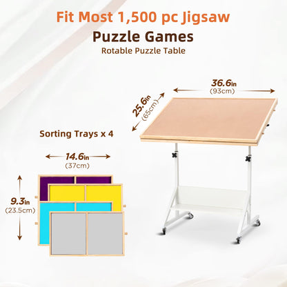 Becko US 2-in-1 Tilting & Rotating Jigsaw Puzzle Table with 4 Colored Drawers & Flip Top Design, Jigsaw Puzzle Board with Tilt Angle & Height Adjustments, Easy to Move, for 1500 Piece Jigsaw Puzzles