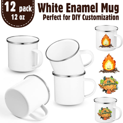 12 Pack Christmas Sublimation White Blanks Enamel Coffee Mug Set,12 oz Camping Outdoor Tea Camp Drinking Cups Travel Metal Skinny Mug with Silver Rim for Xmas Party Gifts Picnic Office Home Use