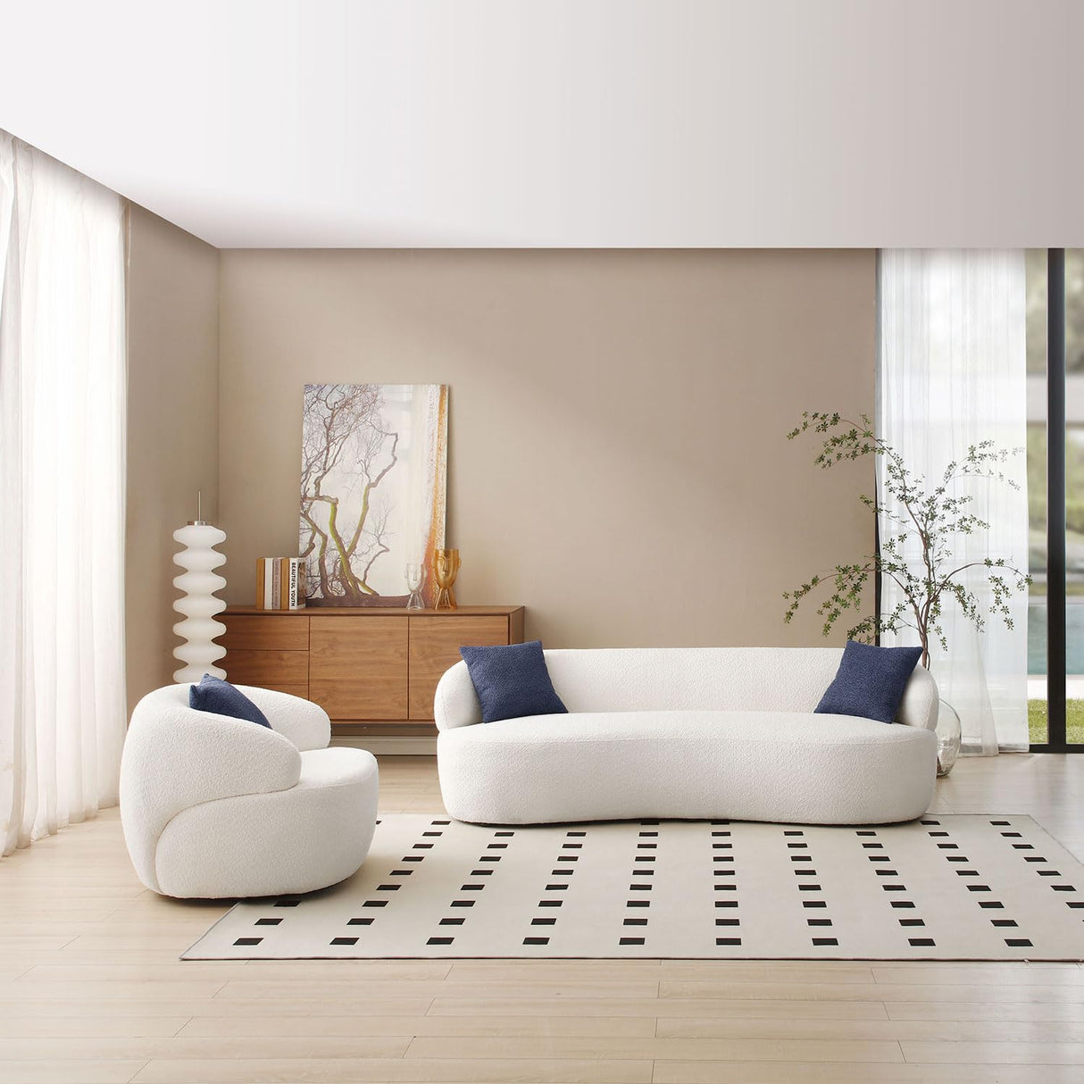 JUSTONE Mid Century Modern Curved Living Room Sofa, 3-Seat Boucle Fabric Couch for Bedroom, Office, Apartment, Beige JUSTONE