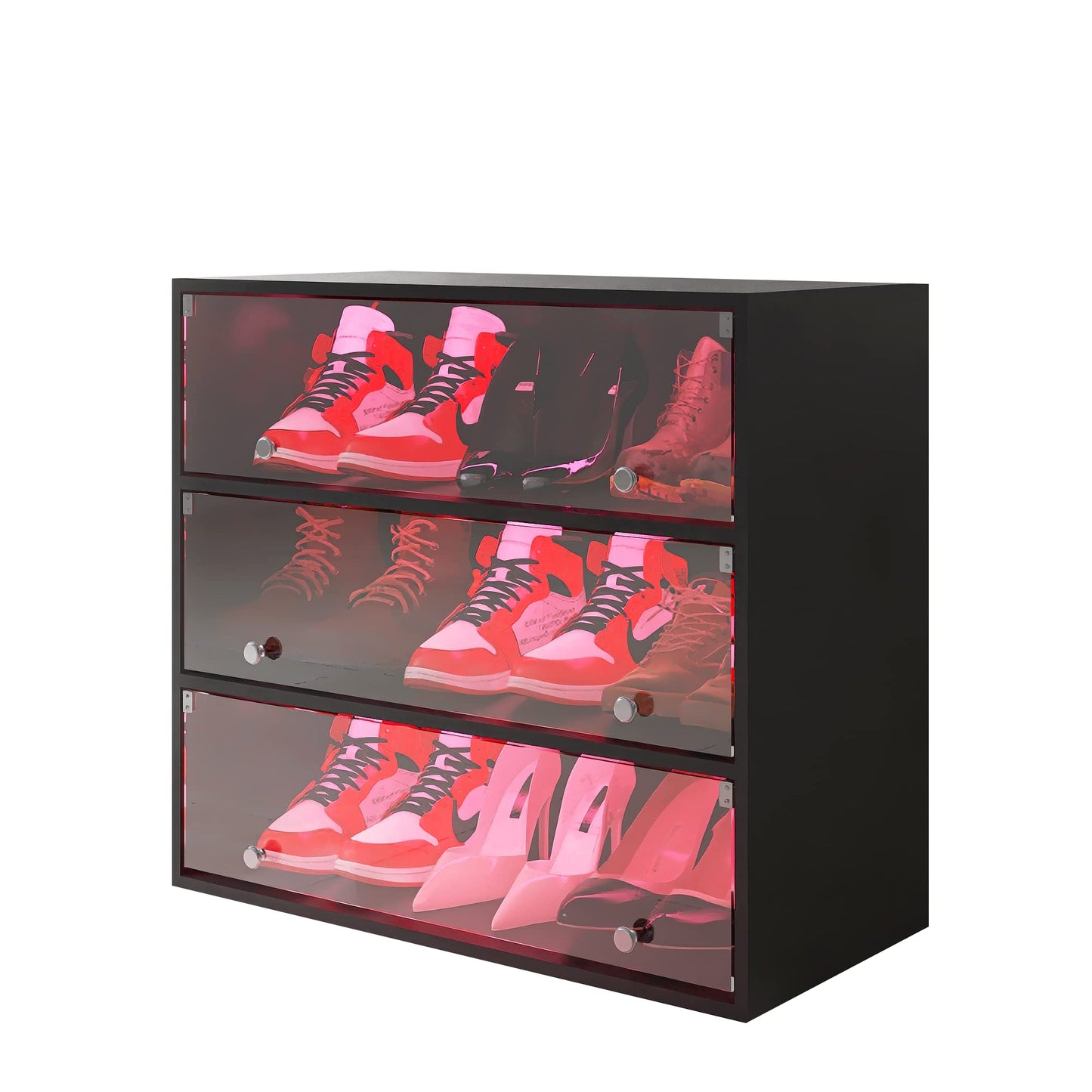 HomVent Shoe Box with RGB LED Light, Wooden Stackable Shoe Storage Box with Glass Door, Shoe Storage Bin Shoe Display Case for Sneakers (3 Tier)