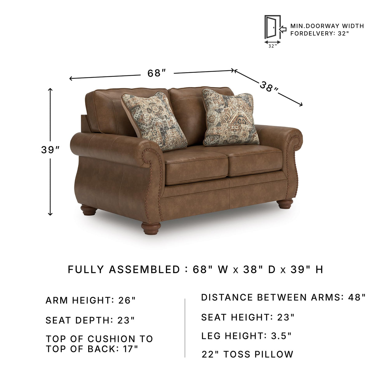 Signature Design by Ashley Shadsburne Rustic Faux Leather Loveseat with Nailhead Trim and 2 Throw Pillows, Brown Signature Design by Ashley