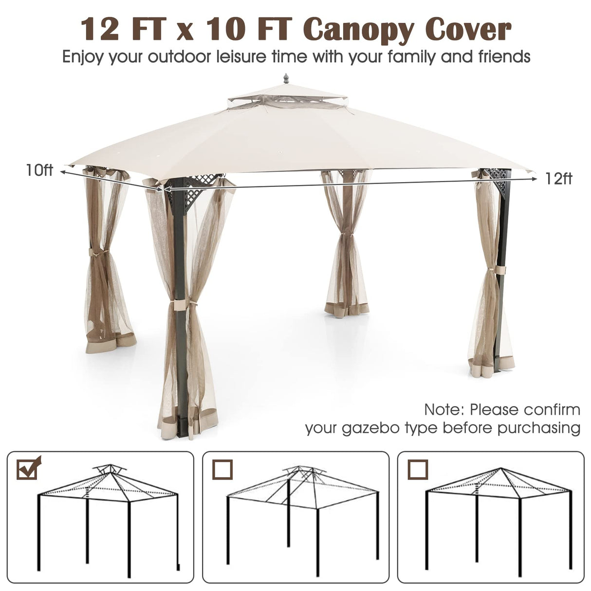 Tangkula 10x12 Ft Gazebo Cover, Double Tier Canopy Replacement Cover with Air Vent and Drainage Holes for Patio Gazebo, CPAI-84 Gazebo Canopy Cover for Garden, Backyard, Patio (Beige) Tangkula