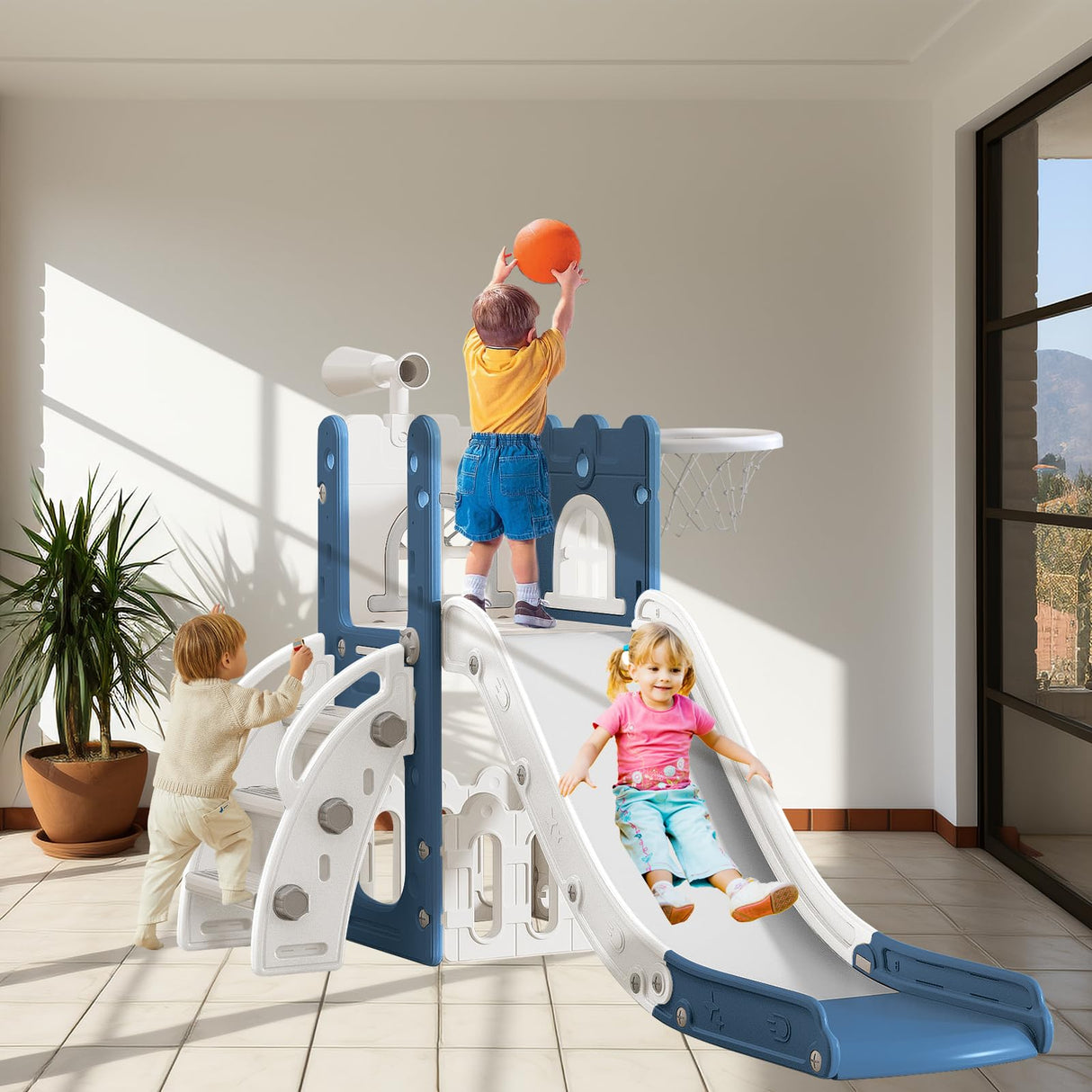 LulliSpace 6 in 1 Toddler Slide for Toddler Age 1-3,Kids Climber Slider for Indoor Outdoor Playground with Basketball Hoop,Storage and Telescope,L Shaped Slide for Toddler Climber Playset LulliSpace