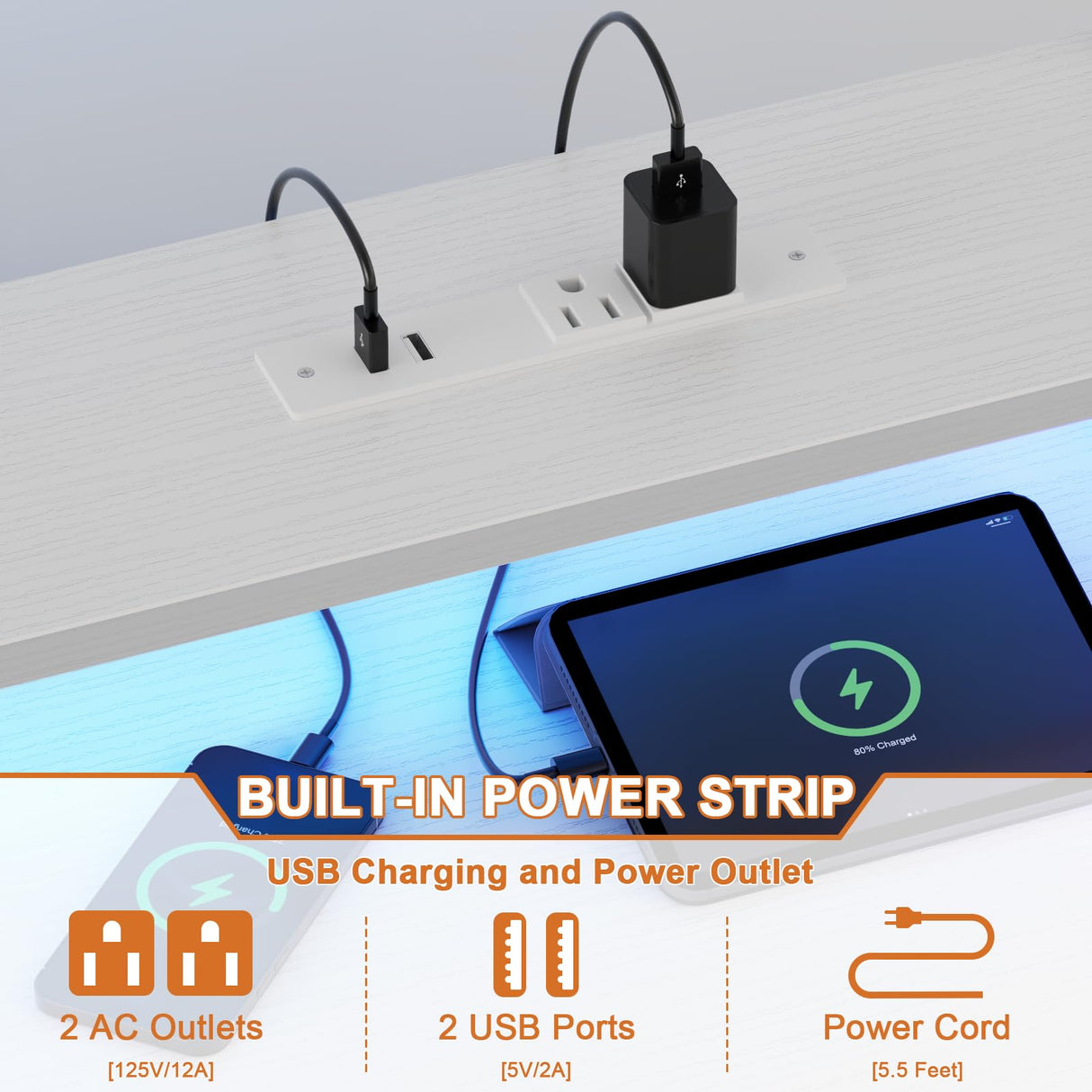 Korfile Computer Desk with Hutch, White Gaming Desk with Power Outlets & LED Ligthts & 5 Fabric Drawers, Home Office Desk with 2 Tiers Storage Shelves for Display, 47" PC Gamer Table for Bedroom Korfile