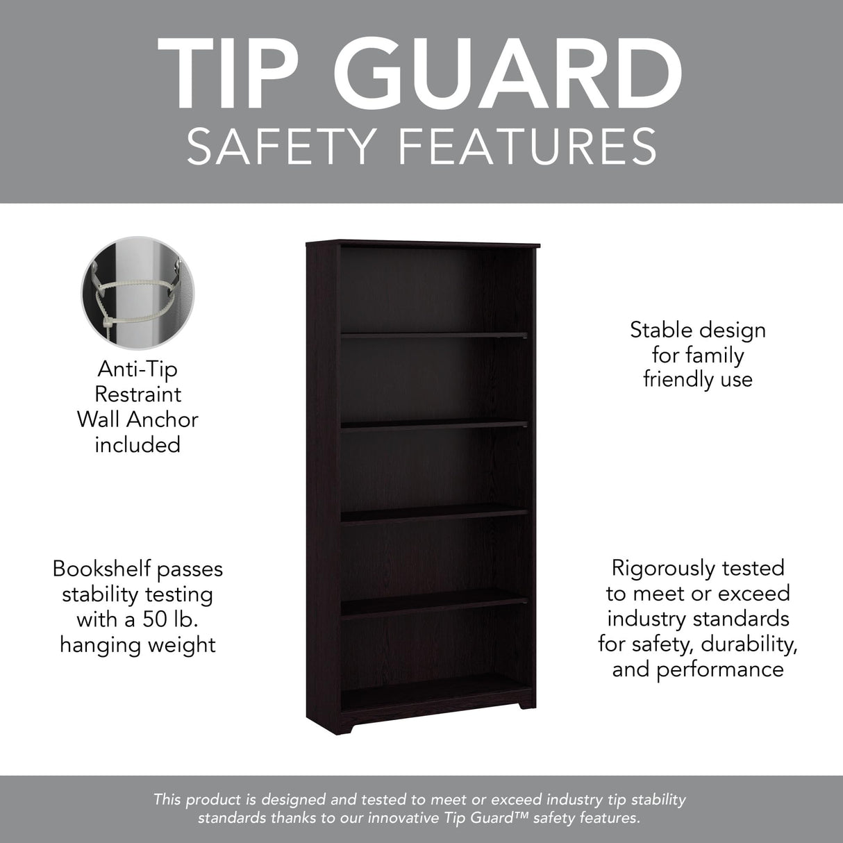 Bush Furniture Tall 5 Shelf Bookcase, Large Open Bookshelf, Sturdy Display Cabinet for Living Room or Home Office, Cabot Collection, Espresso Oak Bush Business Furniture