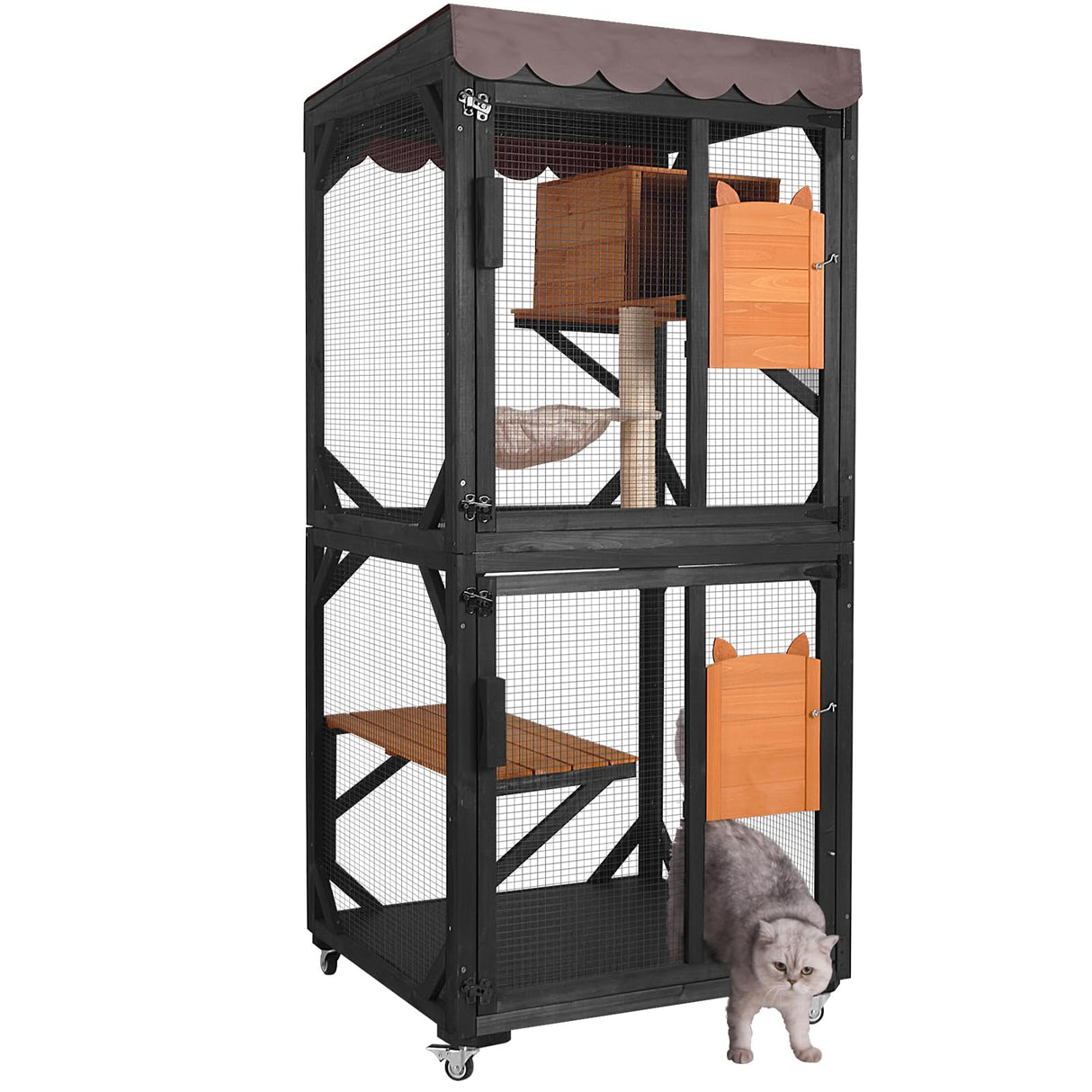Aivituvin Outdoor Catio Cat Enclosures on Wheels Cat House 70.9" Large Kitty House with Upgraded Resting Box,Waterproof Roof Cover,Brown Aivituvin