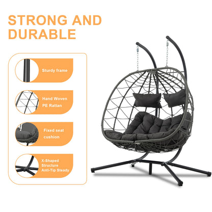 2 Person Double Egg Swing Chair with Stand Indoor Outdoor, Hammock Egg Chair Outdoor, Patio Wicker Hanging Egg Chair w/Cushion 700LBS Capacity for Bedroom, Balcony, Garden, Dark Grey