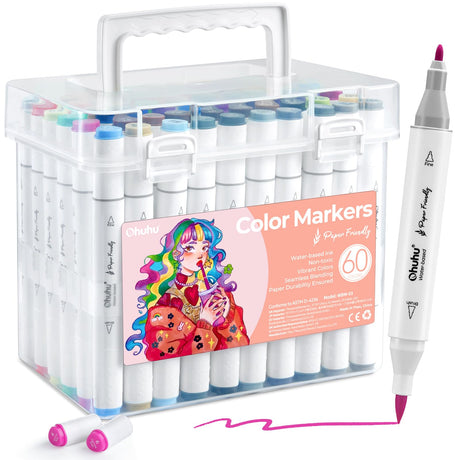 Ohuhu Markers Paper-friendly No Peeling Water-based Coloring Markers 60 Colors Dual Brush Fine Tips Markers for Adult Coloring Books No Bleeding Art Markers for Kids Adults Beginner Calligraphy Ohuhu
