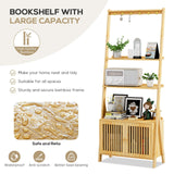 Bookcase with Drawers, 4-Tier Bamboo Bookshelf Ladder Shelf with 6 Hooks, Tall Narrow Book Shelf, 24.8"L x 10.6"W x 59.5"H, Standing Storage Organizer for Living Room, Home Office, Bedroom, Bathroom oakvivo