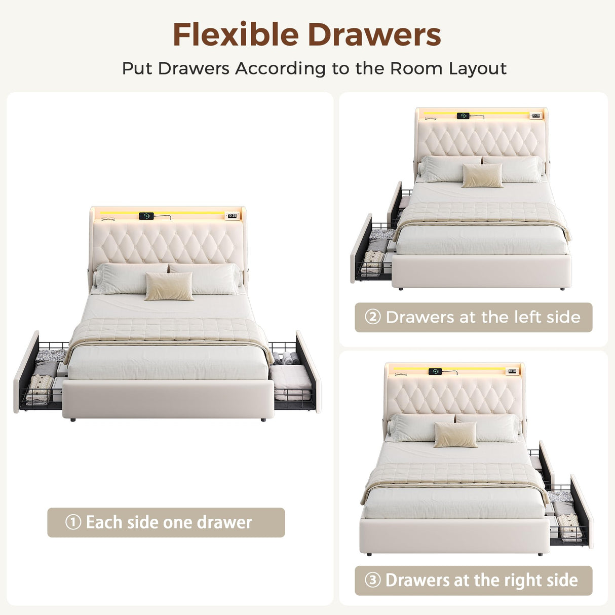 Full LED Velvet Bed Frame with 2 Storage Drawers&Hidden Headboard, Upholstered Platform Bed with Charging Station&Button Tufted Design, Wooden Slats Support, Box Spring Optional, Easy Assembly, Beige Jocoevol