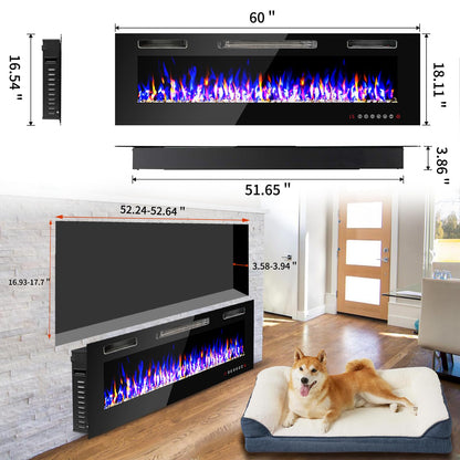 60 inch Wall Mounted Electric Fireplace, Multi LED Flames Fireplace Insert with Crystal, 750/1500W Fireplace Heater,Remote/Touch Screen Control Recessed Fireplace for Halloween,1-8H Timer / 400 Sq.