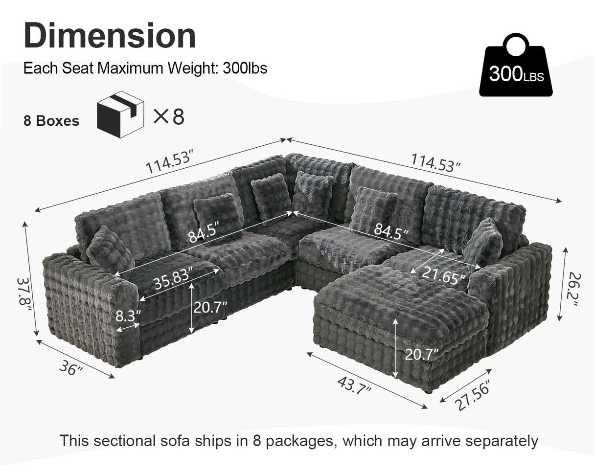 115" Oversized Modular Sectional Sofa with Ottoman Convertible Plush Faux Fur Large U-Shape Couch Sofa 5 Seater with 6 Pillows for Living Room,Bedroom,for Big Man 35.83" Seat Width,Grey Comfort Stretch