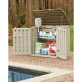 Rubbermaid Large Horizontal Resin Outdoor Storage Shed With Floor (5 x 4 Ft) Weather Resistant, Beige/Brown, Organization for Home/Backyard/Pool Chemicals/Toys/Garden Tools/Porch/Patio Cushions Rubbermaid