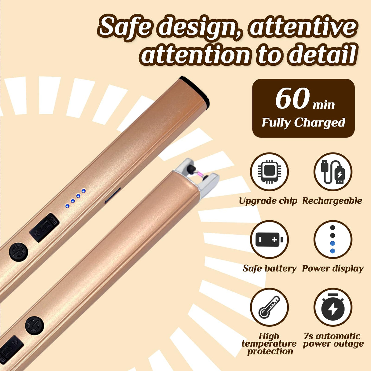 2 PCS Candle Lighter,Windproof Flameless Electric Lighter with LED Power Display ＆ Safety Switch, Upgraded Plasma USB Rechargeable Lighter for Birthday Camping BBQ (Champagne Gold) Beyio