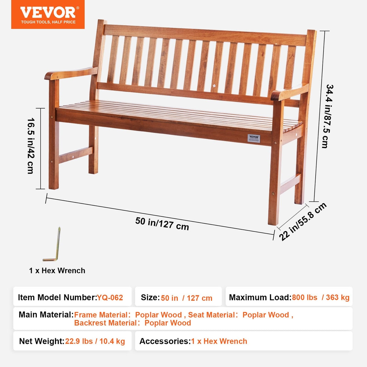 VEVOR Wood Outdoor Bench, 2-Person Garden Bench with Backrest and Armrests, 800 lbs Load Capacity,All-Weather Never Rot Patio Bench for Garden, Park, Yard, Front Porch VEVOR