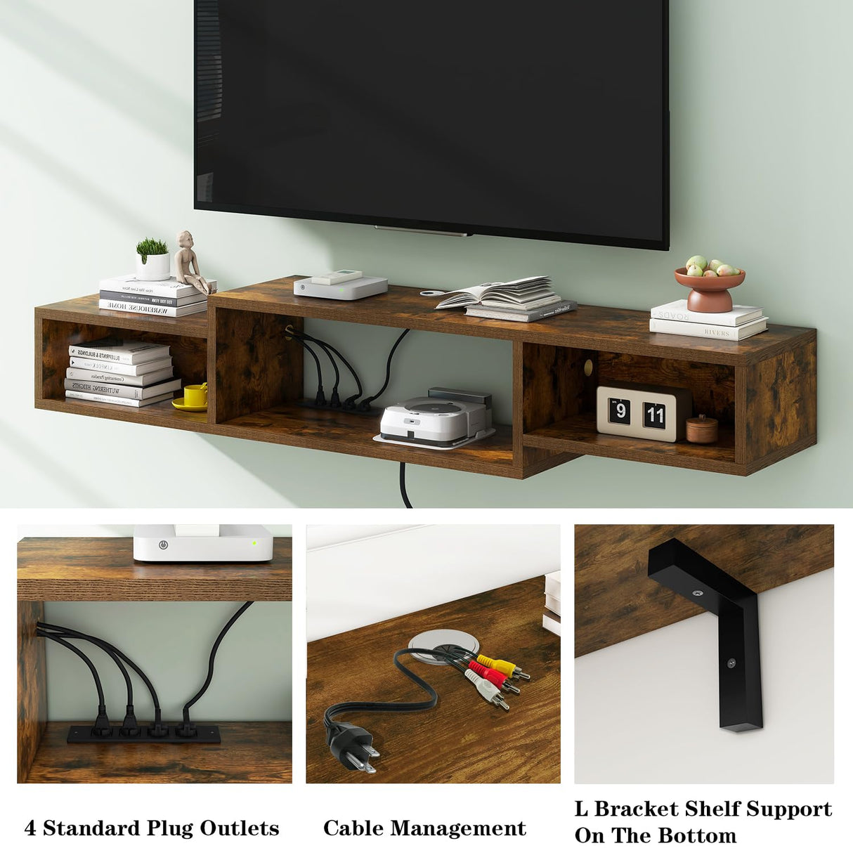 IBUYKE 59" Floating TV Stand Wall Mounted with Power Outlet,Wood Wall Mounted Media Console Shelf,Floating Entertainment Center for Under TV Storage for Living Room Bedroom Office,Rustic Brown WST007H IBUYKE