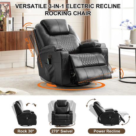 DUNELLA Power Swivel Rocker Recliner Chair for Adults with Heat and Massage, LED Lights, USB and Type-C Ports, Electric Glider Recliner Nursery Chair for Living Room(Black, Single Sofa) DUNELLA