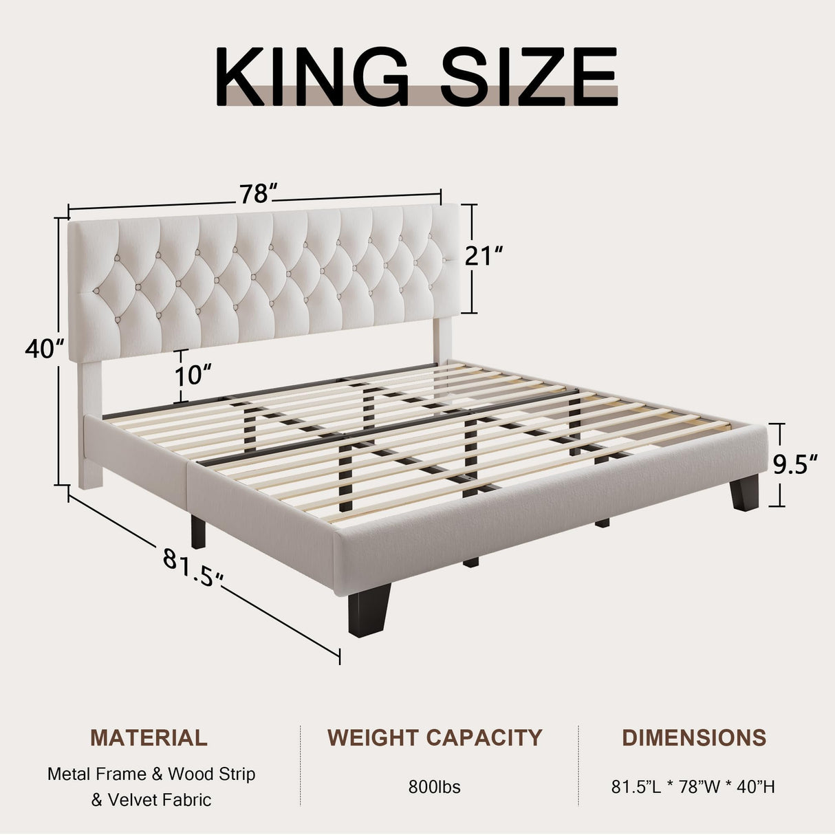 Einhomn King Upholstered Bed Frame with Headboard, Button Tufted Linen Bed Base, Platform Bed with Wood Slat, Heavy Duty, Easy Assembly, No Box Spring Needed, White Einhomn