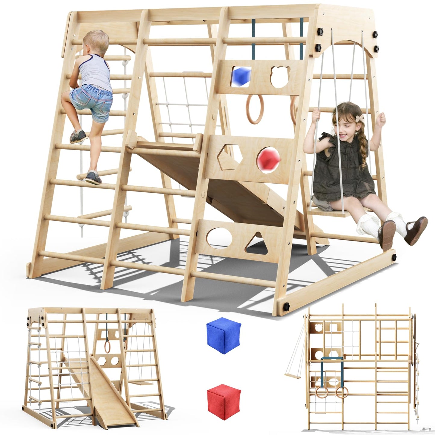 Folding Indoor Jungle Gym for Toddlers, Foldable Toddler Indoor Playground, Space-Saving 8-in-1 Montessori Indoor Toddler Climbing Playset with Slide/Climbing, Swing,Net, Monkey Bars, Ring