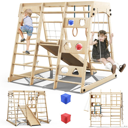 Folding Indoor Jungle Gym for Toddlers, Foldable Toddler Indoor Playground, Space-Saving 8-in-1 Montessori Indoor Toddler Climbing Playset with Slide/Climbing, Swing,Net, Monkey Bars, Ring