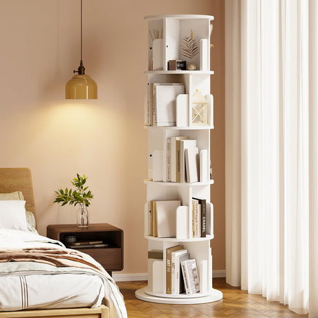 MXV Rotating Bookshelf, 360 Display 5 Tier, Small Corner Bookshelf for Small Space, Floor Standing Bookcase Storage Rack, Wood Narrow Book Shelf Organizer for Bedroom, Living Room, White MXV