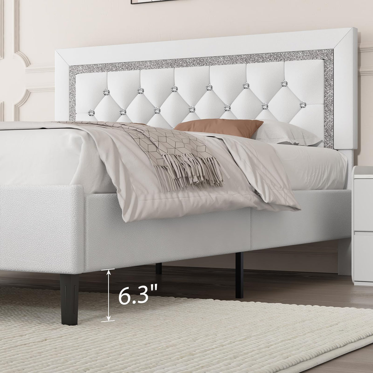 BarnFurin Full Size Bed Frame with Tufted Button Headboard, Upholstered Platform Bed Frame with Diamond Design, Wood Slat Support, No Box Spring Needed, Easy Assembly, White BarnFurin
