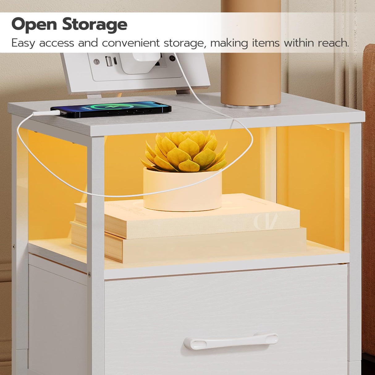 HOOBRO Nightstand with Charging Station, Bedside Table with LED Lights and 2 Fabric Drawers, End Table with 2 AC Outlets and USB Port, Small Night Stand for Bedroom, White WT118UDBZ01 HOOBRO