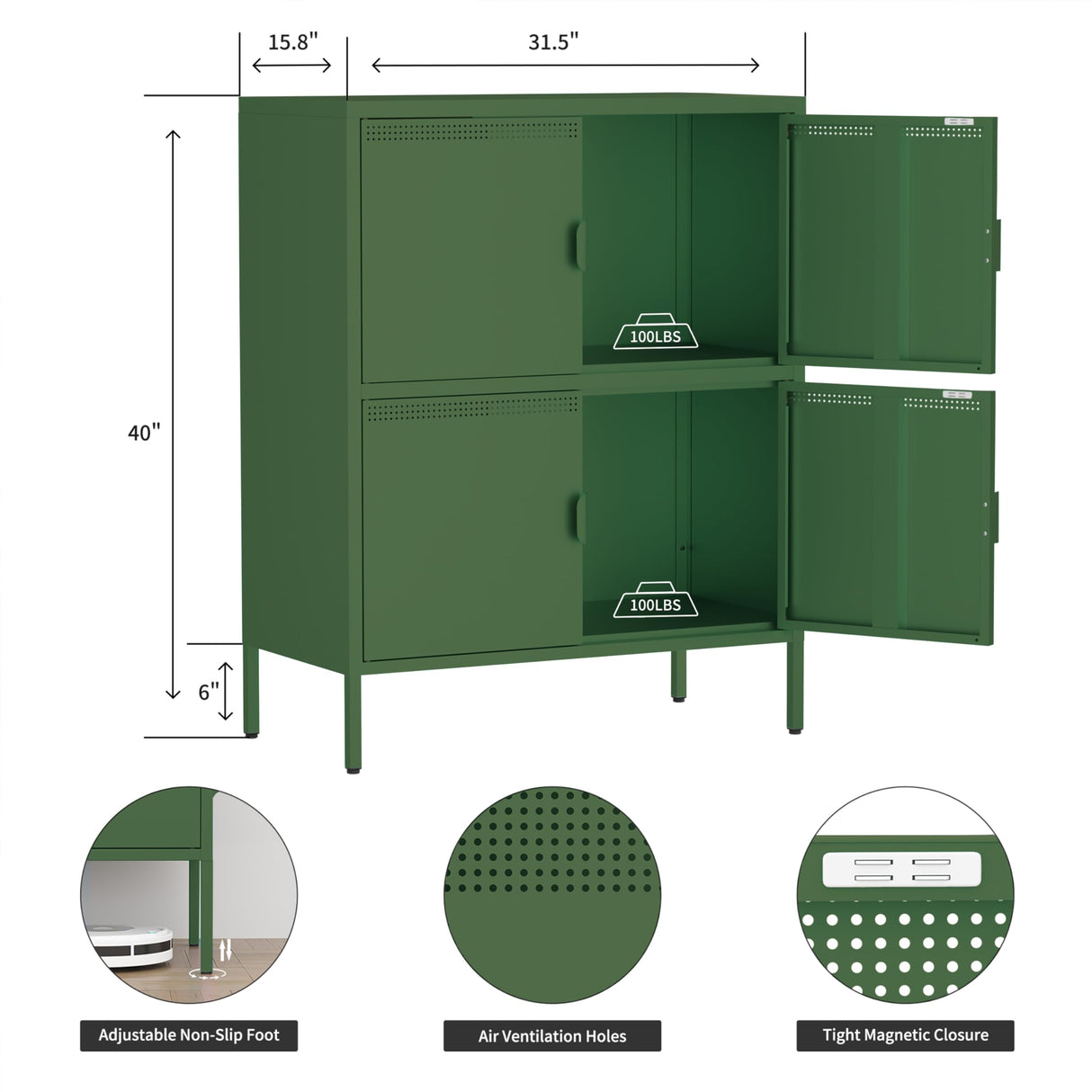Bevivog Green Metal Locker Cabinet with 4 Doors, Metal Accent Cabinets Home Office Storage Lockers Sideboard for Kitchen Living Room Hallway Entryway Bevivog