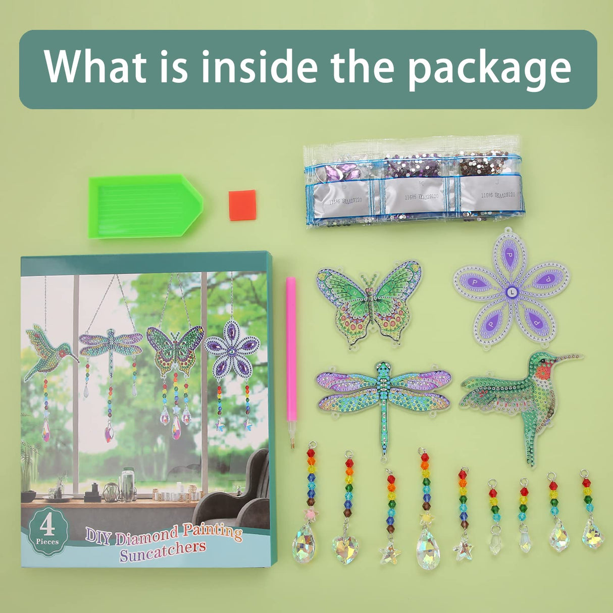 Diamond Art Painting Suncatchers, 4 pcs Sun Catchers Diamond Art Painting Kits for Kids DIY Crafts for Adults Hummingbird Prism Crystal Suncatchers Wind Chime Windows Garden Decorations Bingcute