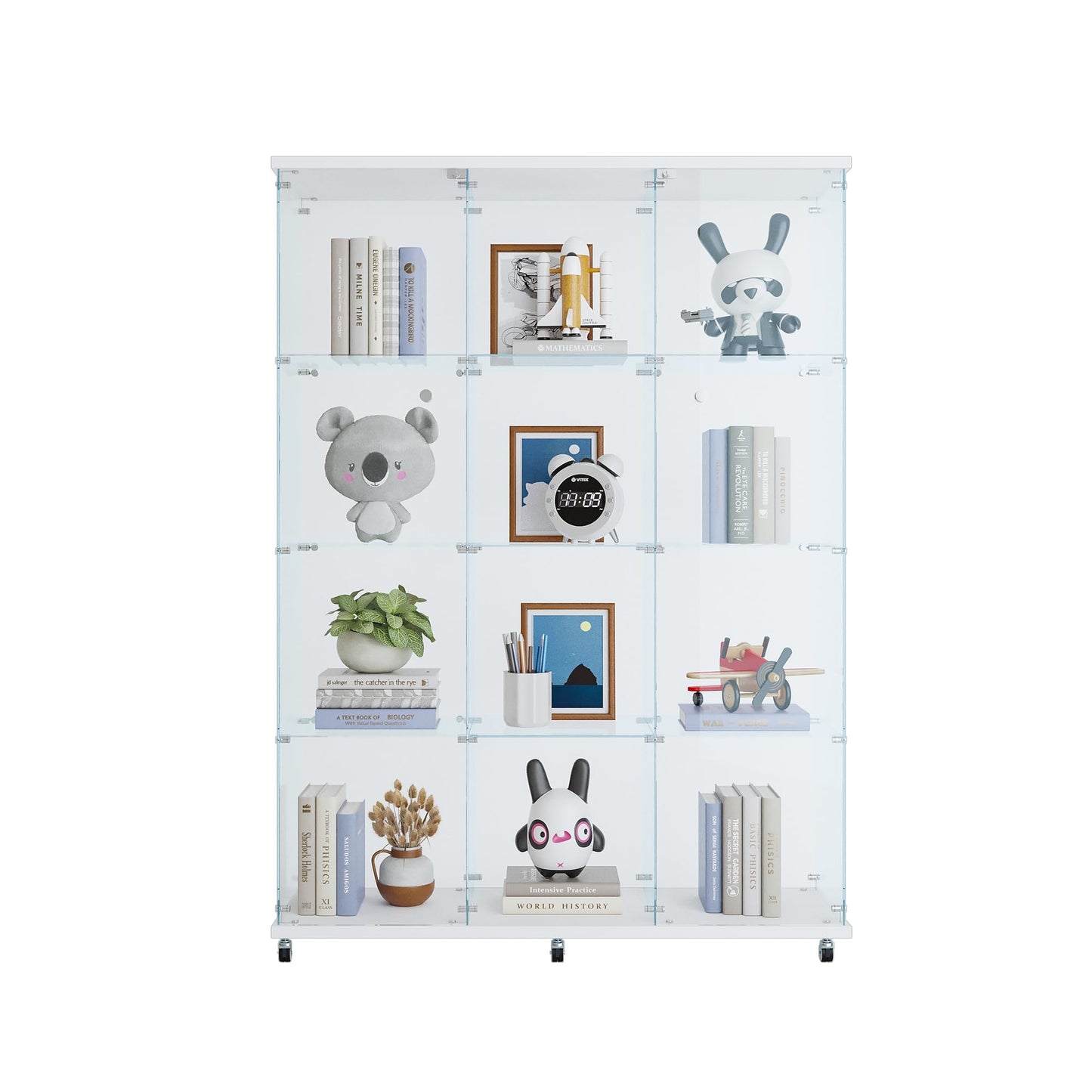 Henf Modern Glass Display Cabinet with 4 Shelves & Wheels, Extra Large Double Doors Curio Cabinets with Lock, Floor Standing Display Case for Living Room, 47.71" W x 14.37" D x 66.53" H, White