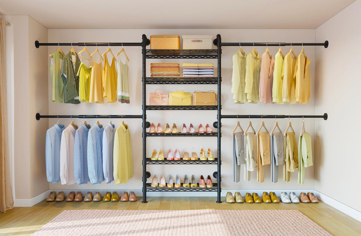 Timate P3 Closet System, Expandable Wall Mounted Closet System with 6 Adjustable Shelves & 4 Expandable Hanger Rods, Industrial Pipe Clothing Rack for Hanging Clothes, Fits Spaces 6'4"-9'3", Black Timate