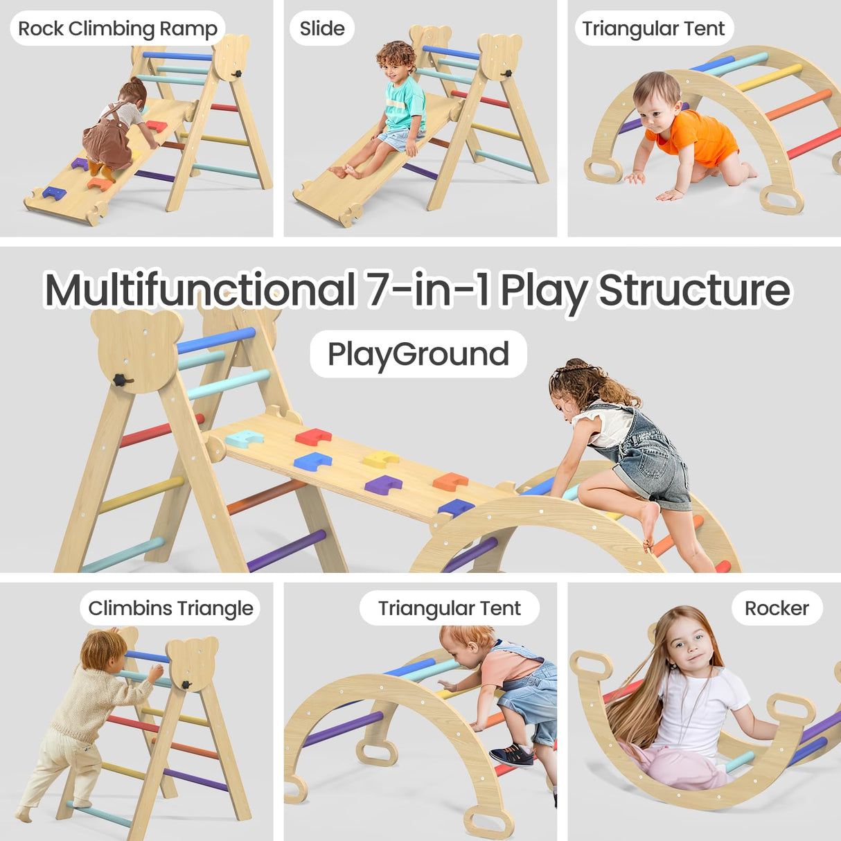 CMFYDAILY 5 in 1 Pikler Triangle Set, Foldable Baby Climbing Gym Indoor Montessori Climbing Set Wooden Toddler Climbing Toys with Arch, Ramp, Ladder CMFYDAILY