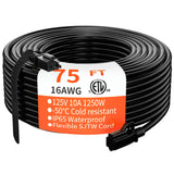 HUANCHAIN Indoor Outdoor Black Extension Cord 75 ft Waterproof, 16/3 Gauge Flexible Cold-Resistant Appliance Extension Cord Outside, 10A 1250W 16AWG SJTW, 3 Prong Heavy Duty Electric Cord, ETL huanchain