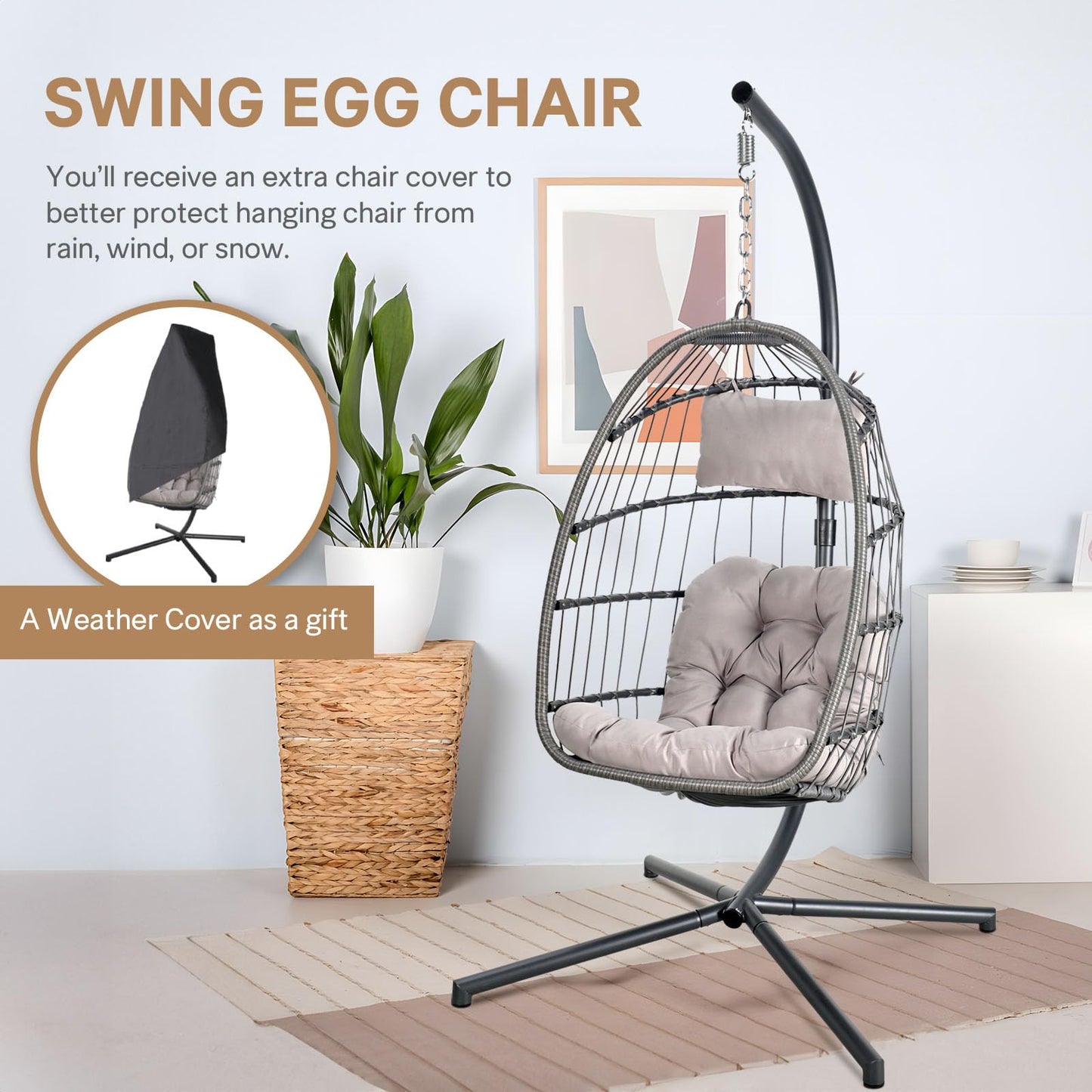 Yangming Hanging Egg Chair with Stand and Weather Cover, Indoor/Outdoor Foldable Wicker Rattan Swing Hammock Seat with Cushion Headrest, 350lbs Capacity for Bedroom, Patio, Porch - Ideal Xmas Gift