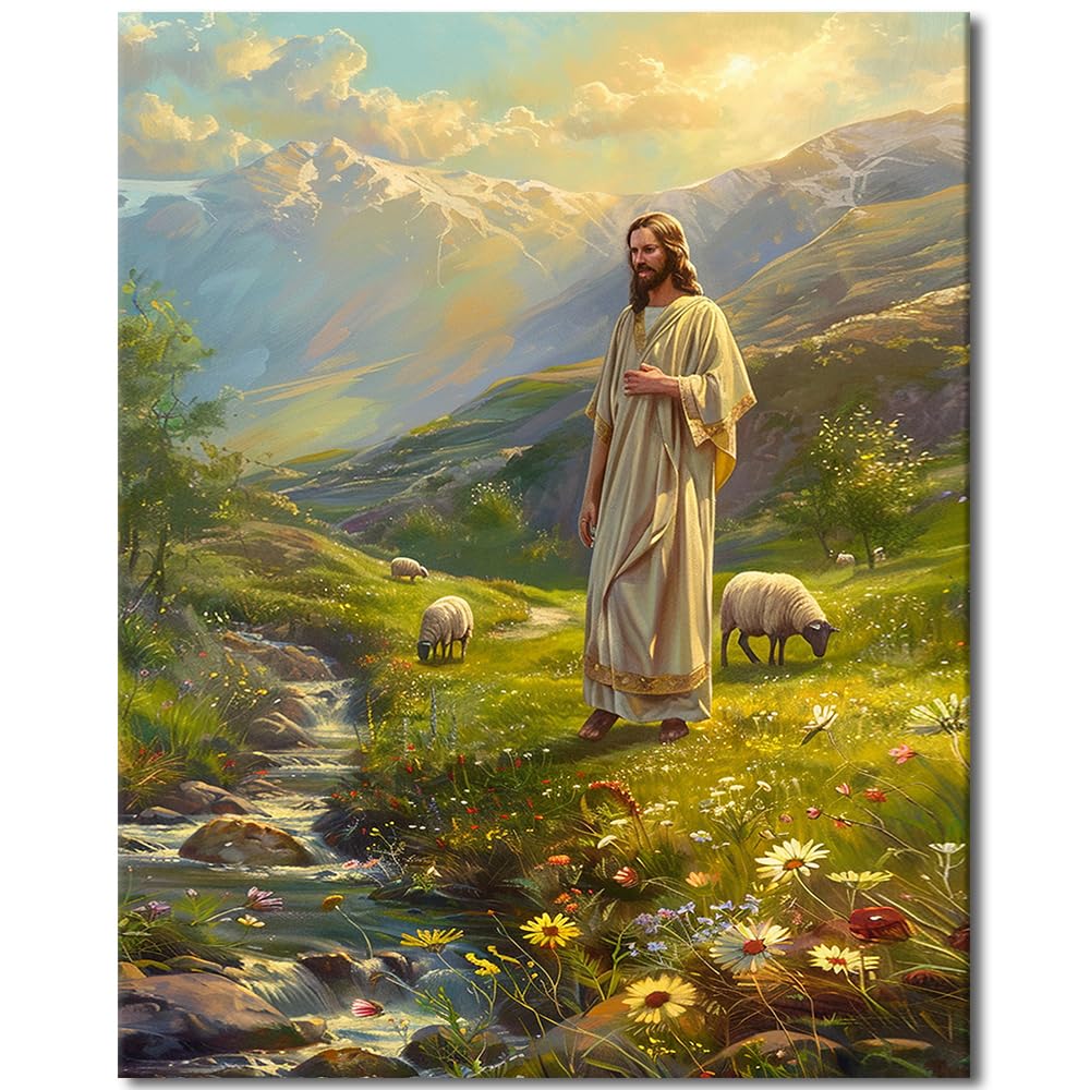 TUMOVO Jesus Paint by Numbers for Adults Beginner, in The Mountains Paint by Number Kits on Canvas DIY The River Front Oil Hand Painting with Brushes Art Crafts for Home (Frameless) 16"x20"Inch TUMOVO