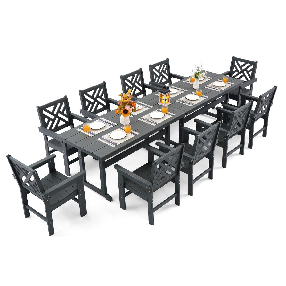 AXMOLM 12 Piece HDPE Outdoor Dining Set for 10, Patio Dining Furniture Set with 2 Table and Umbrella Hole, Outdoor Table and Chairs for Garden, Poolside, Backyard, Deck AXMOLM