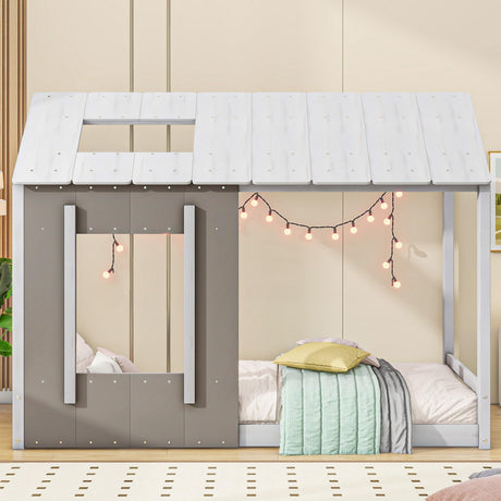 Charming Twin House Bed for Kids - Montessori Floor Bed with Roof & Window in White and Antique Grey Harper & Bright Designs