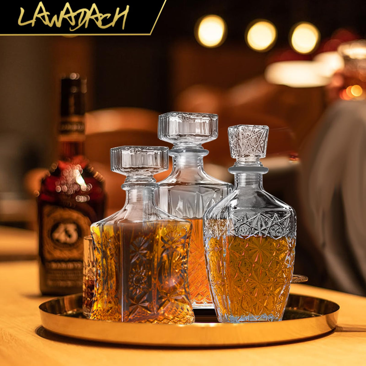 LAWADACH Whiskey Decanter Glass Liquor Decanters Set of 3, Alcohol Bottle for Tequila, Brandy and Vodka Unique Liquor Bar and Party Decorations (28oz*2, 31oz*1) LAWADACH