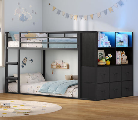 BTHFST Twin Over Twin Bunk Bed with Storage Drawers & Open Storage Shleves with LED Lights, Metal Black Low Bunk Bed Safety Ladder and 13.4" H Guardrail, Space Saving BTHFST