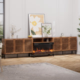 BVIUNTWO 3-Sided Glass Farmhouse Fireplace TV Stand for TVs Up to 110 Inch, Entertainment Center with 36" Electric Fireplace, Brown TV Console with Storage Cabinets for Living Room BVIUNTWO